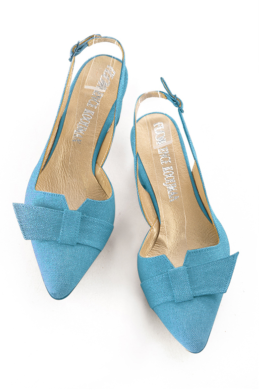 Turquoise blue women's slingback shoes. Tapered toe. Low flare heels. Top view - Florence KOOIJMAN